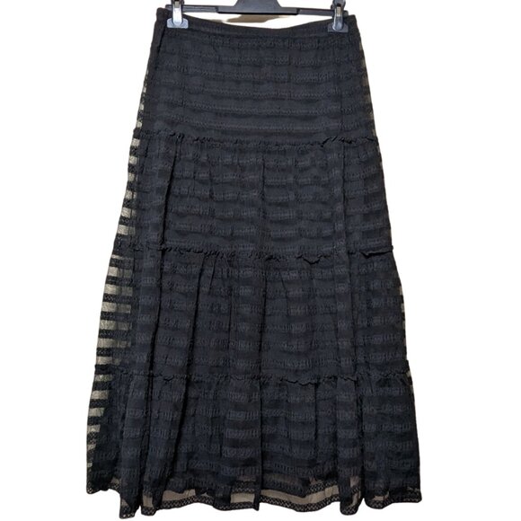 Chico's Black Lace overlay Tiered sheer Midi Skirt Gypsy Broom 1(8-10) - Picture 2 of 5